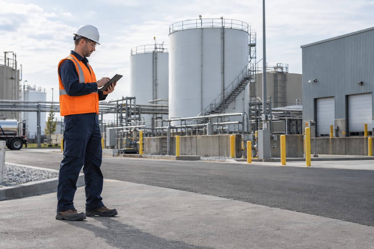 Field inspector in a safety vest and hard hat using a tablet beside industrial storage tanks and a warehouse.