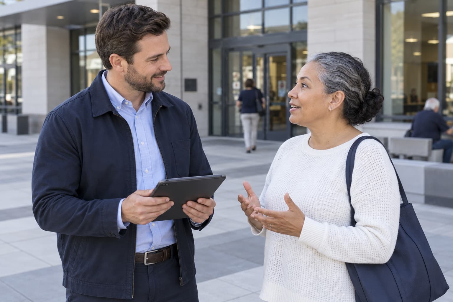 Professional field interviewer recording a resident’s survey responses on a tablet in a community plaza.