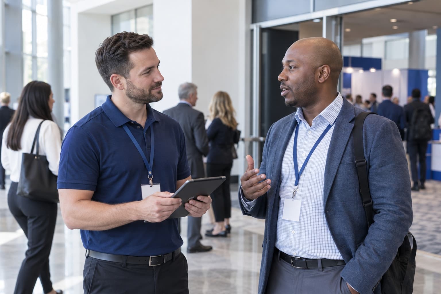 Field interviewer using a tablet to collect feedback from an attendee in a conference venue.