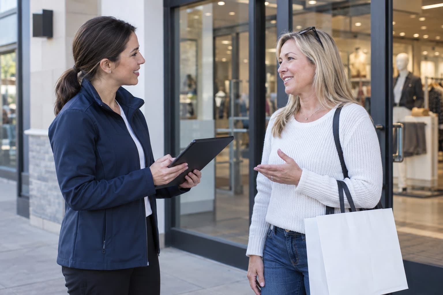 Professional field interviewer discussing a tablet-based survey with a customer at a retail store entrance.