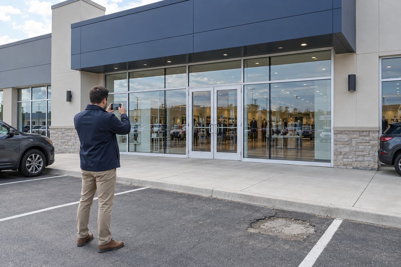 A field inspector photographs a retail storefront, entrance and visible pavement wear.
