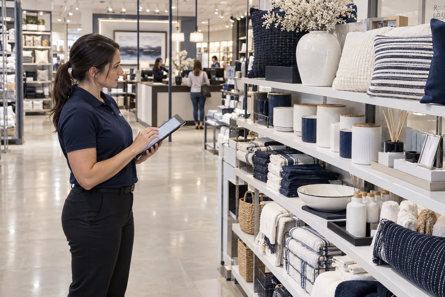 A field inspector uses a tablet to review merchandise displays and store presentation.